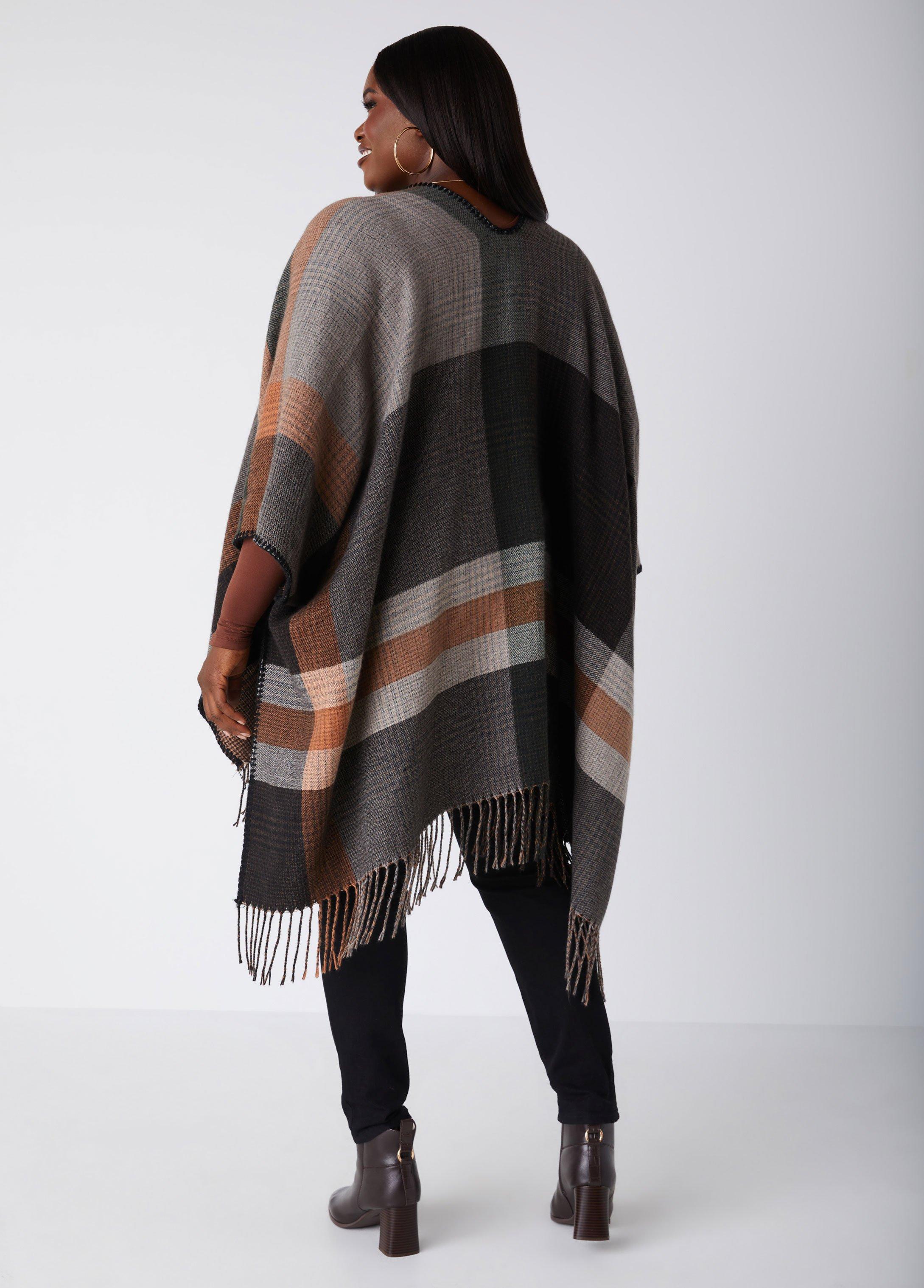 Reversible Fringed Plaid Ruana Product Image