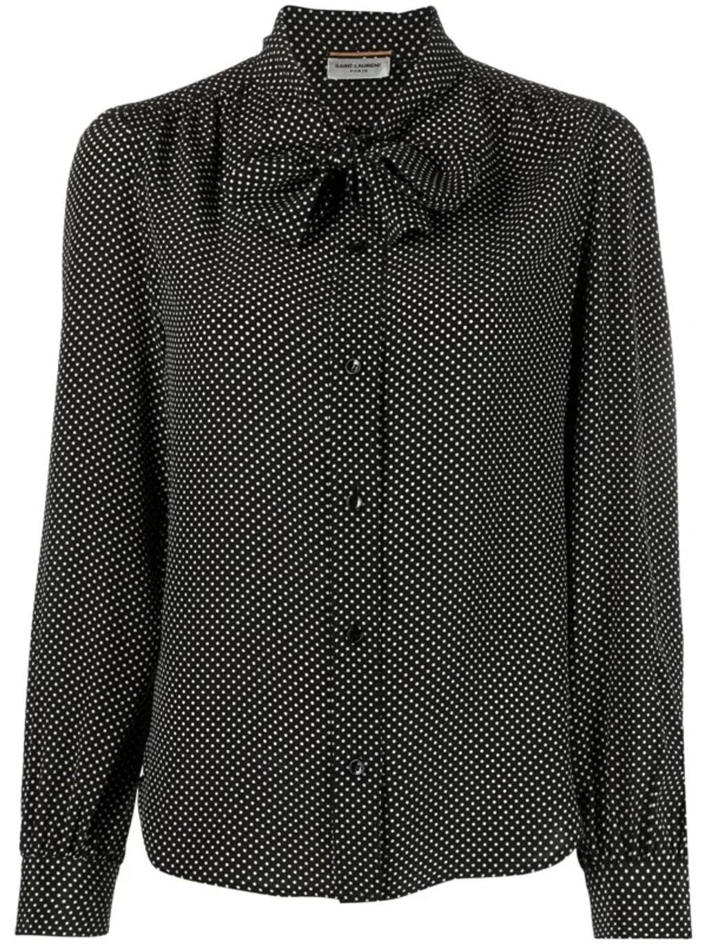 SAINT LAURENT Black Lavalliére Neck Polka-dot Motif Blouse In Silk Satin Woman In Noir Craie Product Image