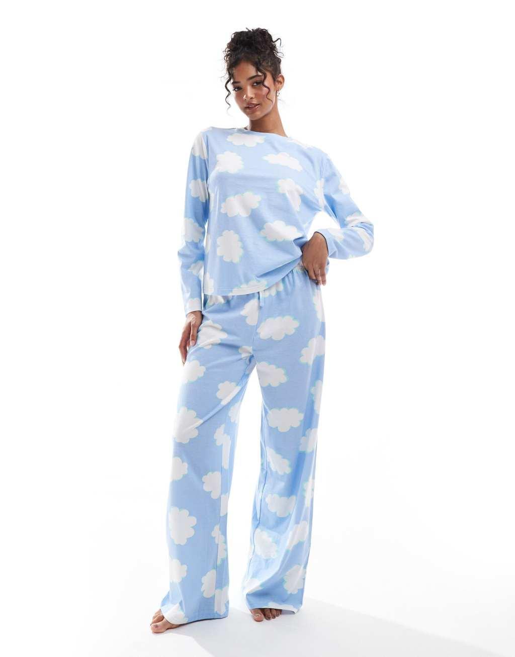 ASOS DESIGN cloud long sleeve top & pants pajama set in blue Product Image