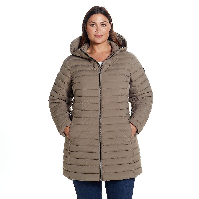 Plus Size Weathercast Hooded Channel Quilted Puffer Jacket, Womens Dusty Green Product Image