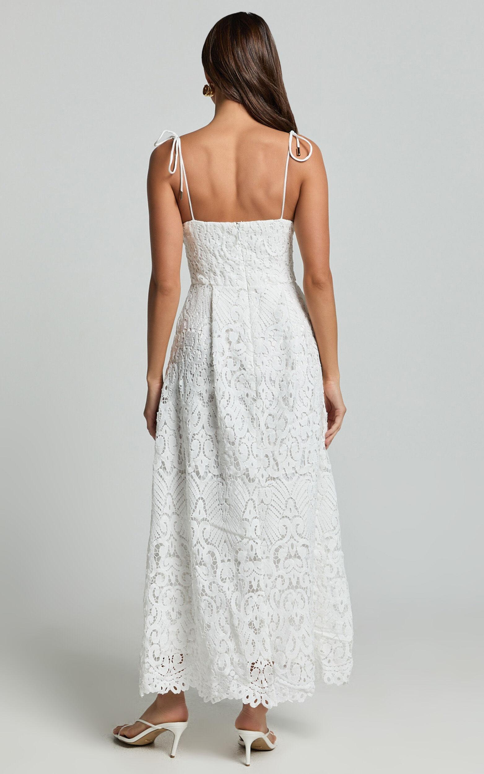 Leanne Midi Dress - Tie Shoulder Corset Lace Dress in White Product Image