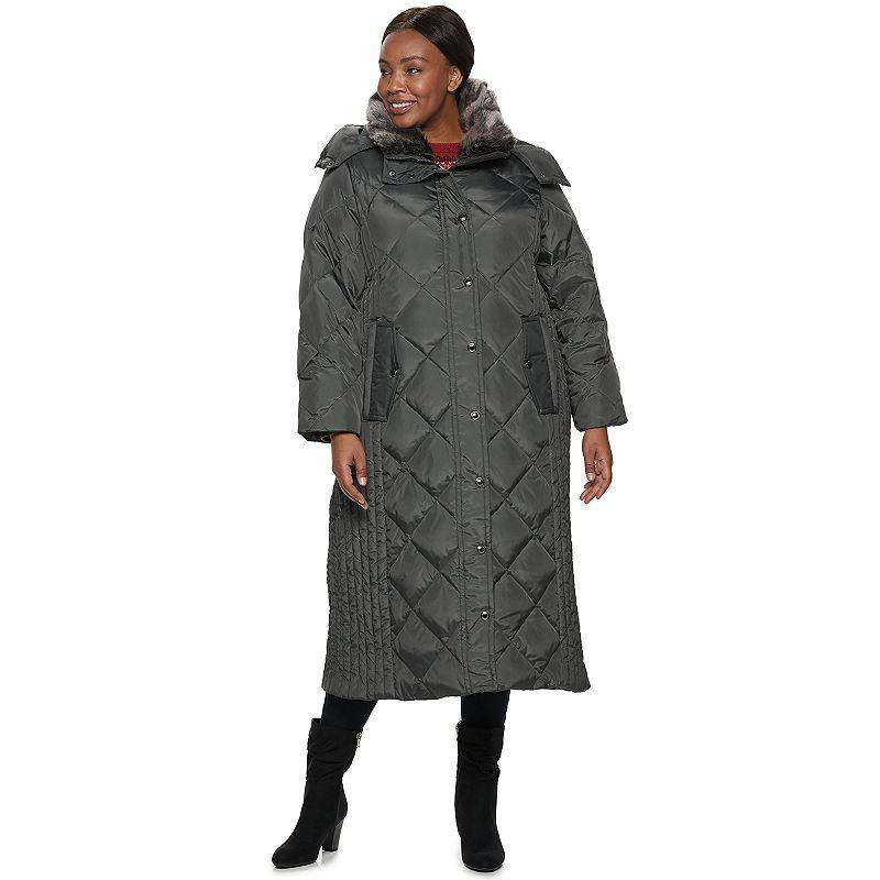 Plus Size TOWER by London Fog Hooded Quilted Puffer Maxi Coat, Womens Silver Product Image