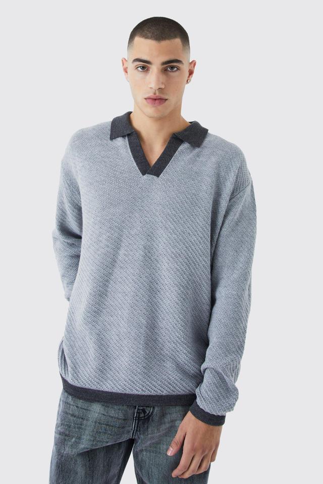 Long Sleeved Oversized Contrast Collar Knitted Polo | boohooMAN USA Product Image