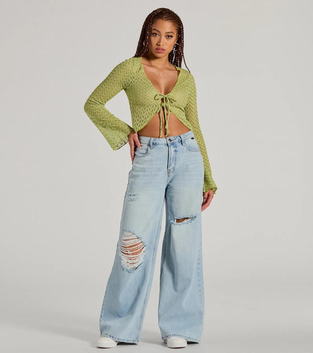 Cabana Honey Tie Front Crochet Crop Sweater Product Image