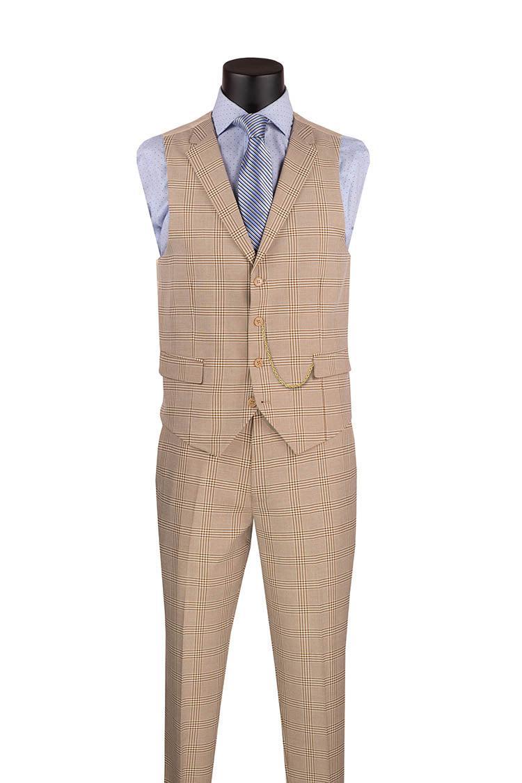 Slim Fit Suit Windowpane 3 Piece with Vest in Beige Product Image