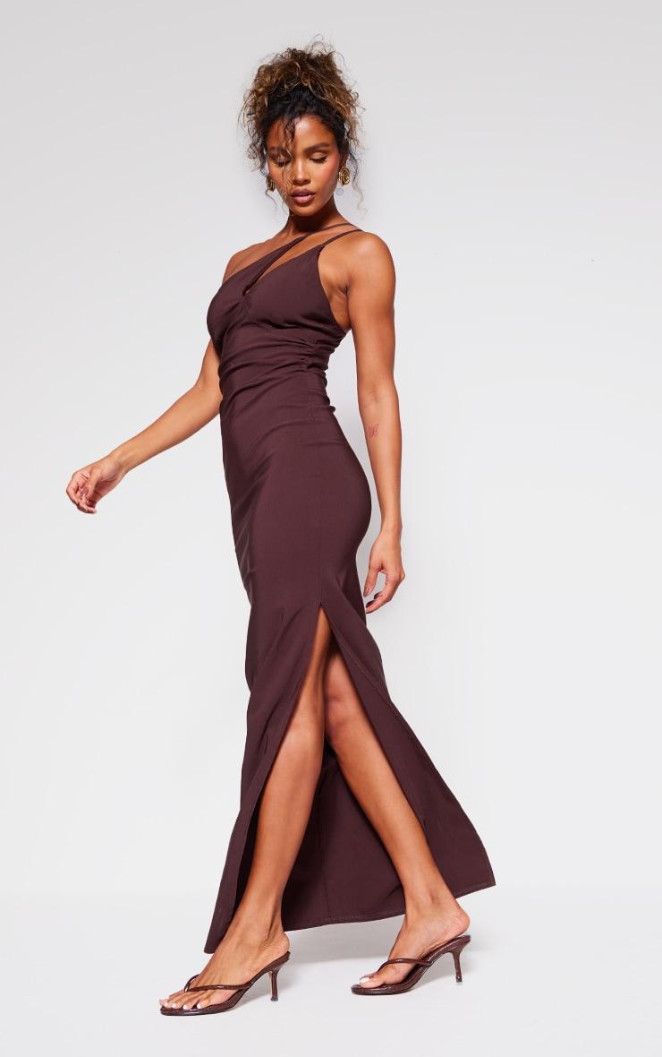 Chocolate Stretch Woven Strappy Asymmetric Cup Midaxi Dress Product Image