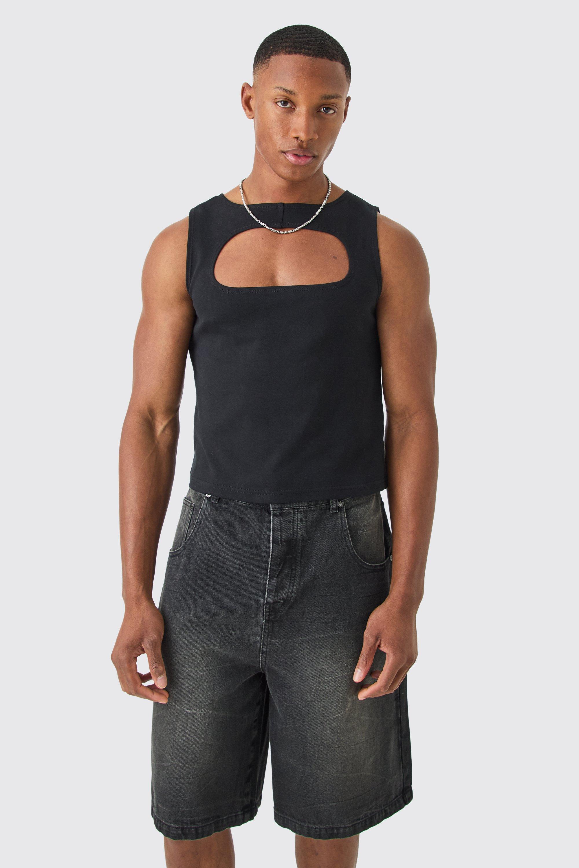 Mens Black Muscle Fit Cut Out Interlock Vest, Black Product Image