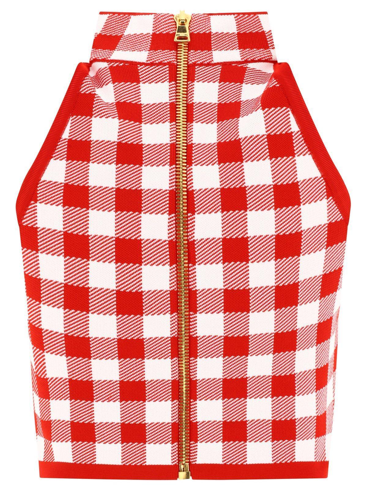 BALMAIN Gingham-check Pattern Zip-up Top In Red/white Product Image