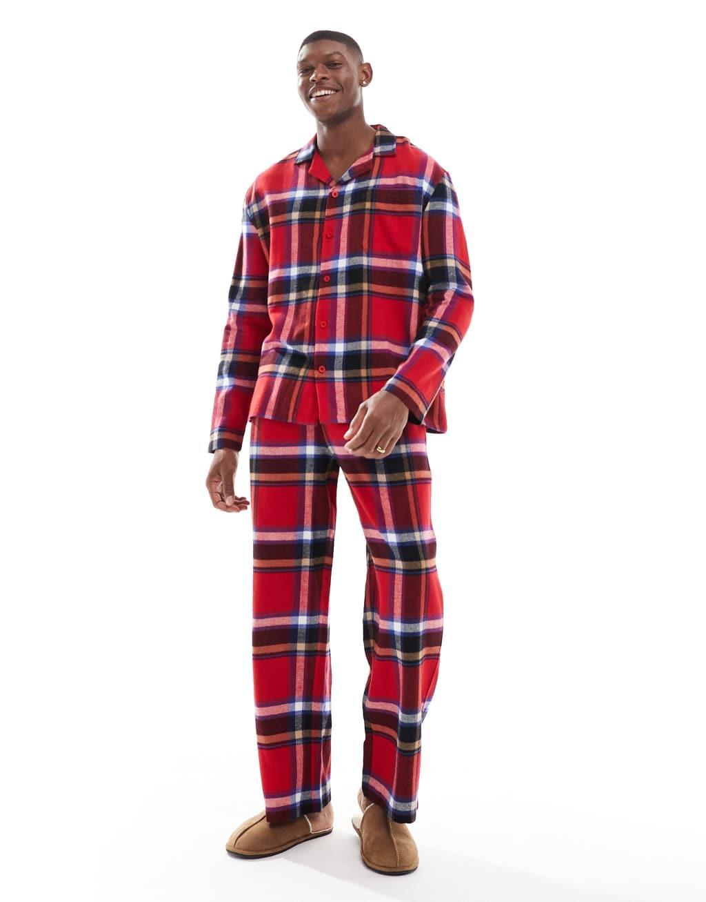 ASOS DESIGN pajama set with plaid shirt and bottoms in red Product Image