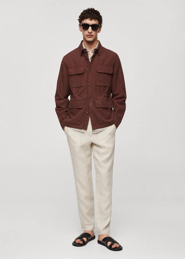 MANGO MAN - Linen overshirt with pockets burgundyMen Product Image