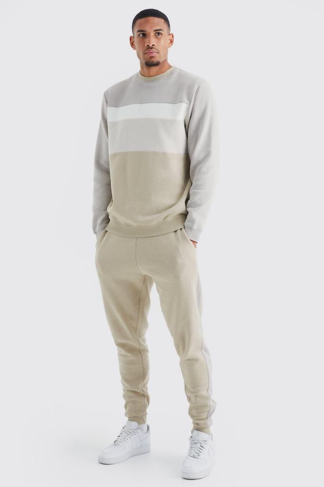 Mens Beige Tall Core Colour Block jumper Tracksuit, Beige Product Image