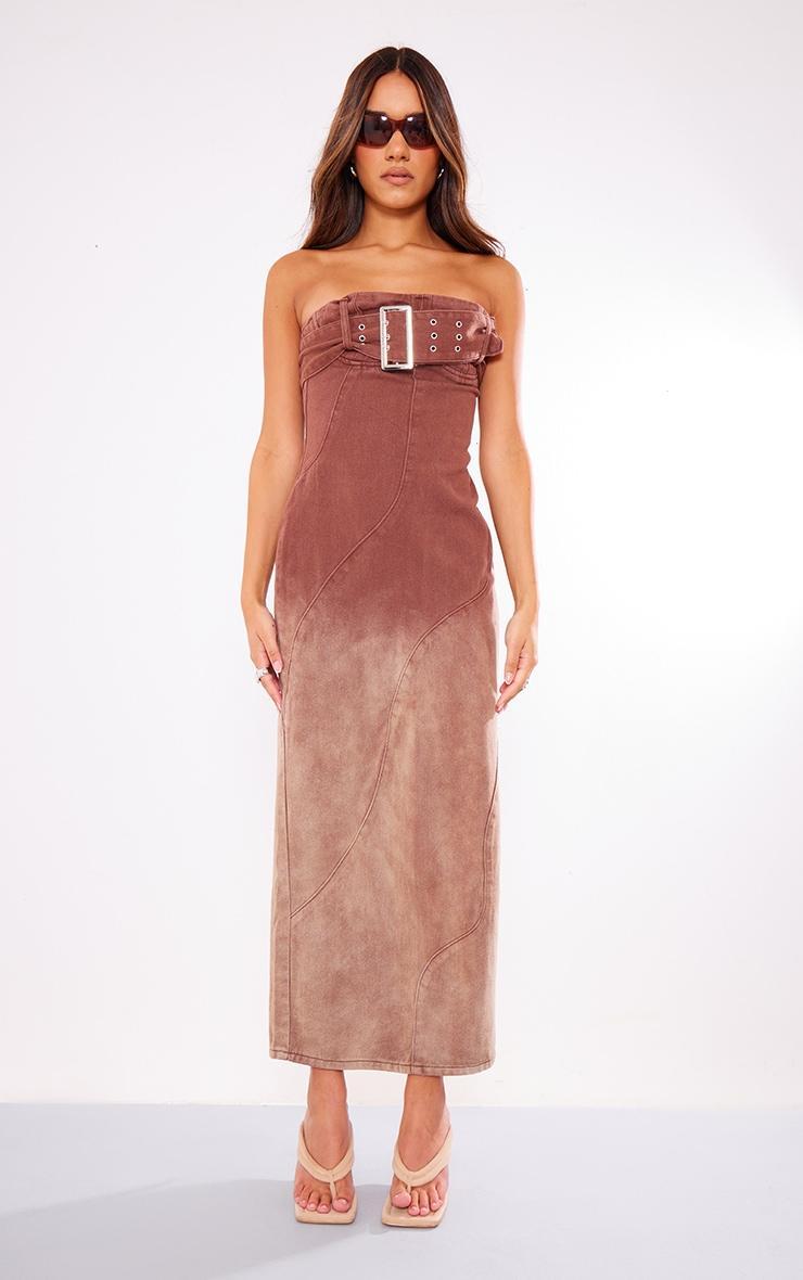 Brown Ombre Wash Bandeau Belted Denim Maxi Dress product image