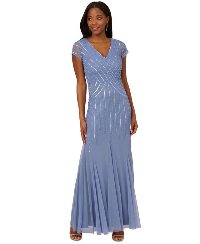 Adrianna Papell Womens Beaded V-Neck Mermaid Dress Product Image