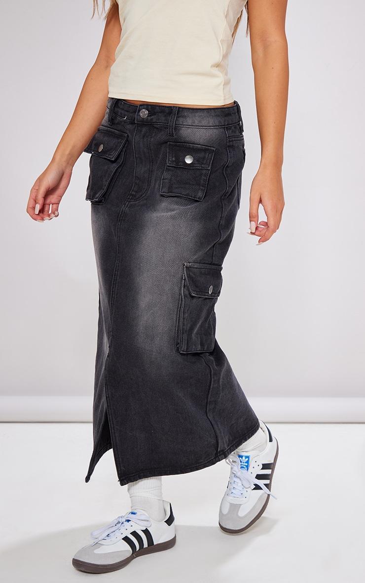 Petite Washed Black Denim Cargo Midaxi Skirt Product Image