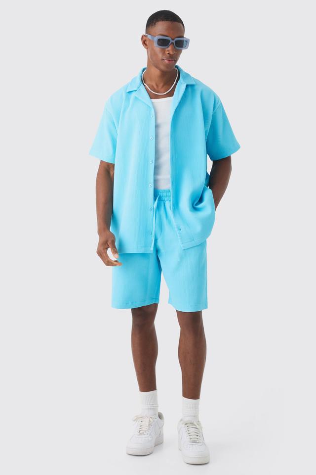 Oversized Short Sleeve Pleated Shirt And Short Set | boohooMAN USA Product Image