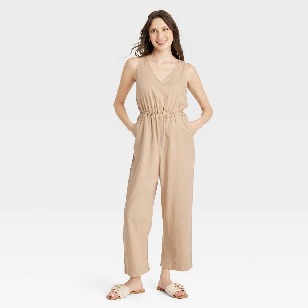 Womens Linen V-Neck Jumpsuit - Universal Thread Tan L Product Image