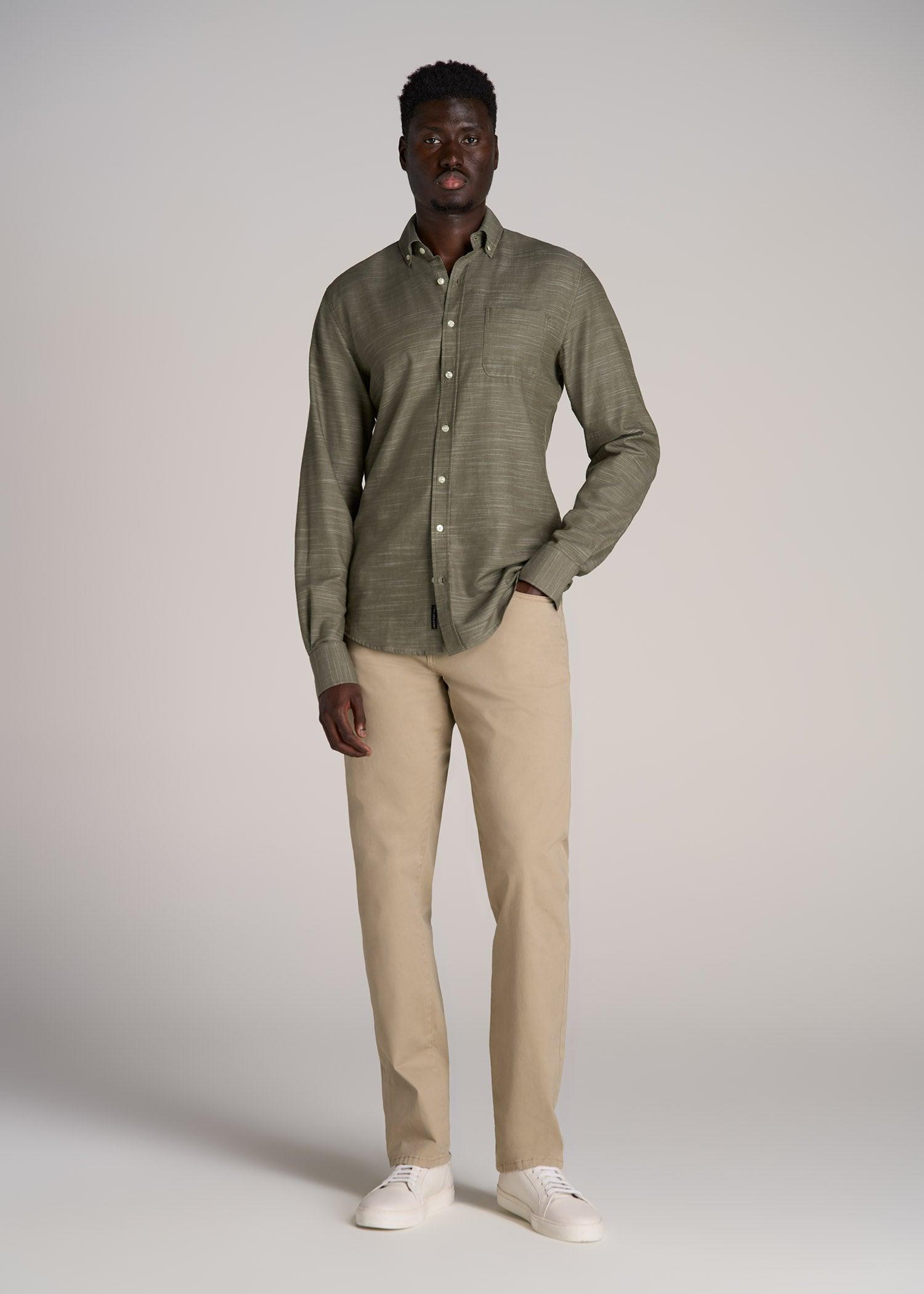 Textured Weave Cotton Button-Up Shirt for Tall Men in Olive Male Product Image