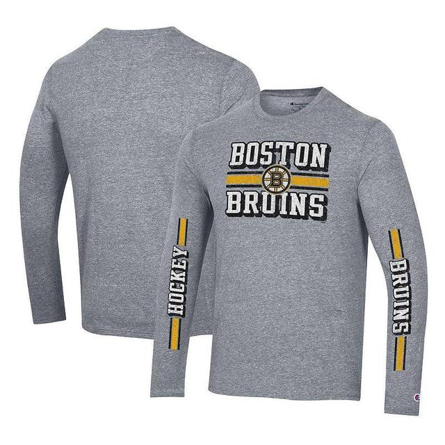 Mens Champion Heather Gray Distressed Boston Bruins Tri-Blend Dual-Stripe Long Sleeve T-shirt Product Image