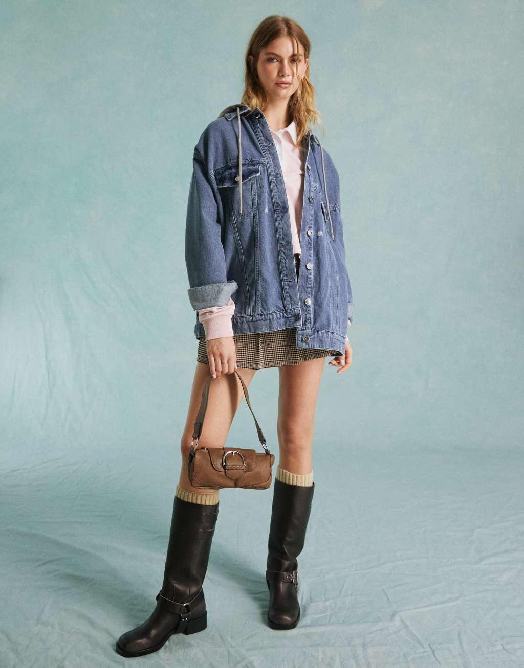 Miss Selfridge denim jacket with hood in blue wash Product Image