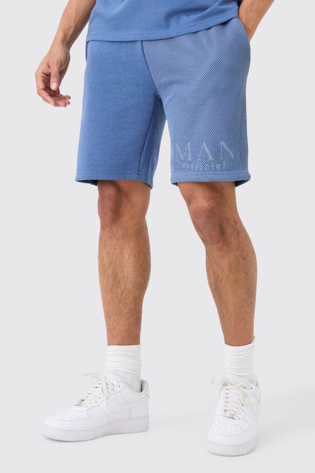 Mens Blue Loose Fit Man Official Splice Mesh Short, Blue Product Image