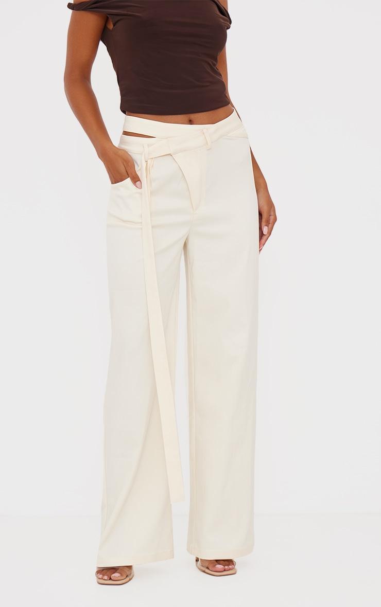  Cream Premium Crossover Waistband Detail Tailored Trouser Product Image