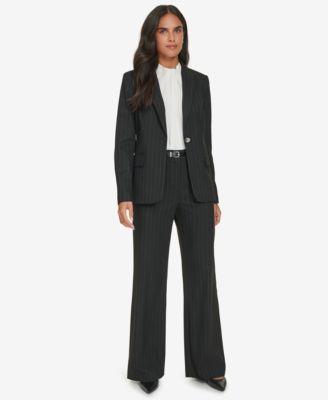 Calvin Klein Womens One Button Pinstripe Jacket Belted Wide Leg Pants Product Image