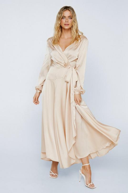 Satin Long Sleeve Cowl Back Maxi  Dress Product Image