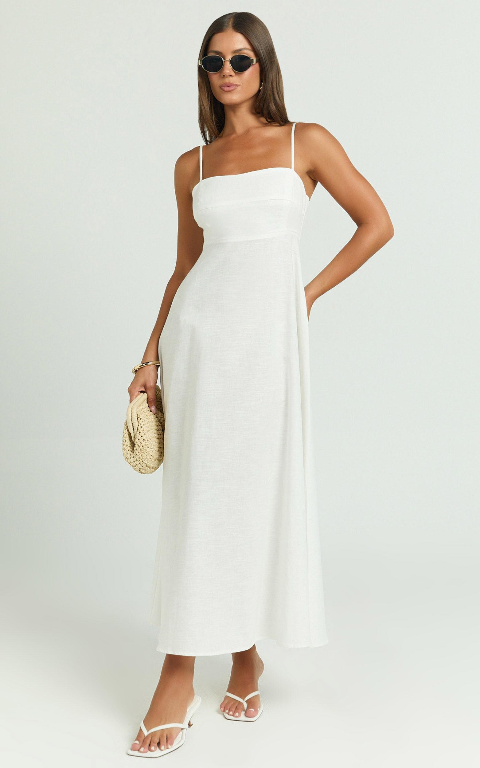 Brette Midi Dress - Linen Look Straight Neck Strappy Fit And Flare Dress in White Product Image