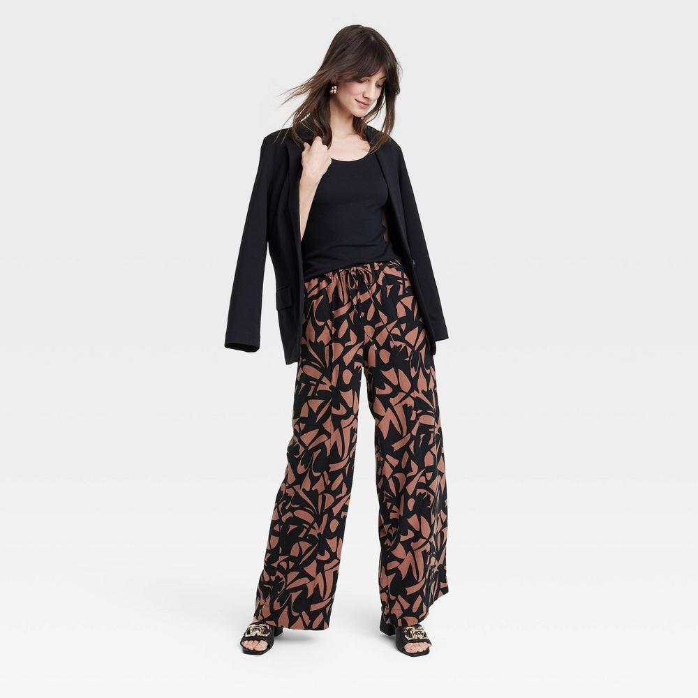 Womens High-Rise Wide Leg Linen Pull-On Pants - A New Day Black/Brown Geometric L Product Image