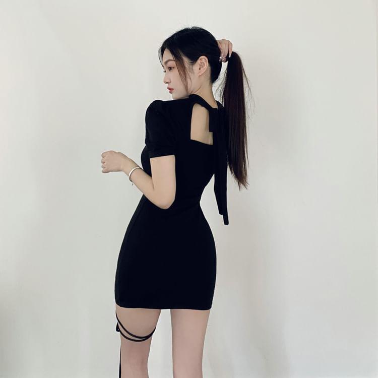 Short-Sleeve Choker-Neck Plain Lace-Up Mini Bodycon Dress Product Image