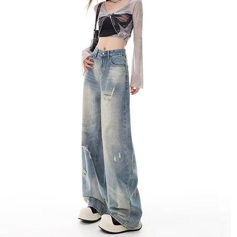 High Waist Distressed Washed Wide Leg Jeans Product Image