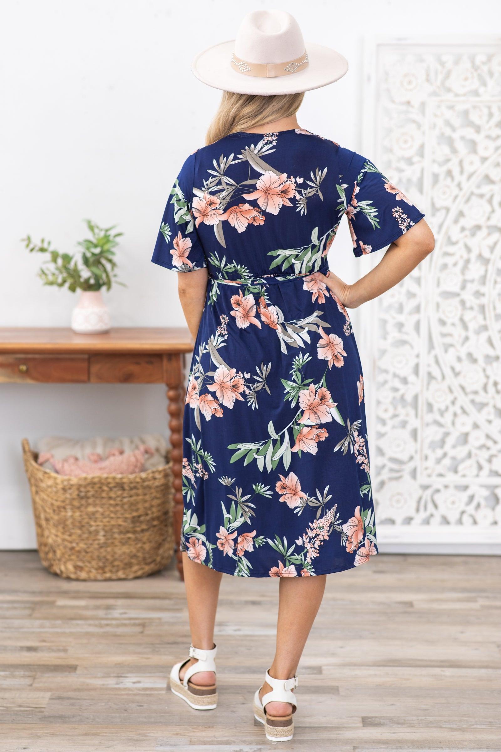 Navy Floral Faux Wrapped Midi Dress Product Image