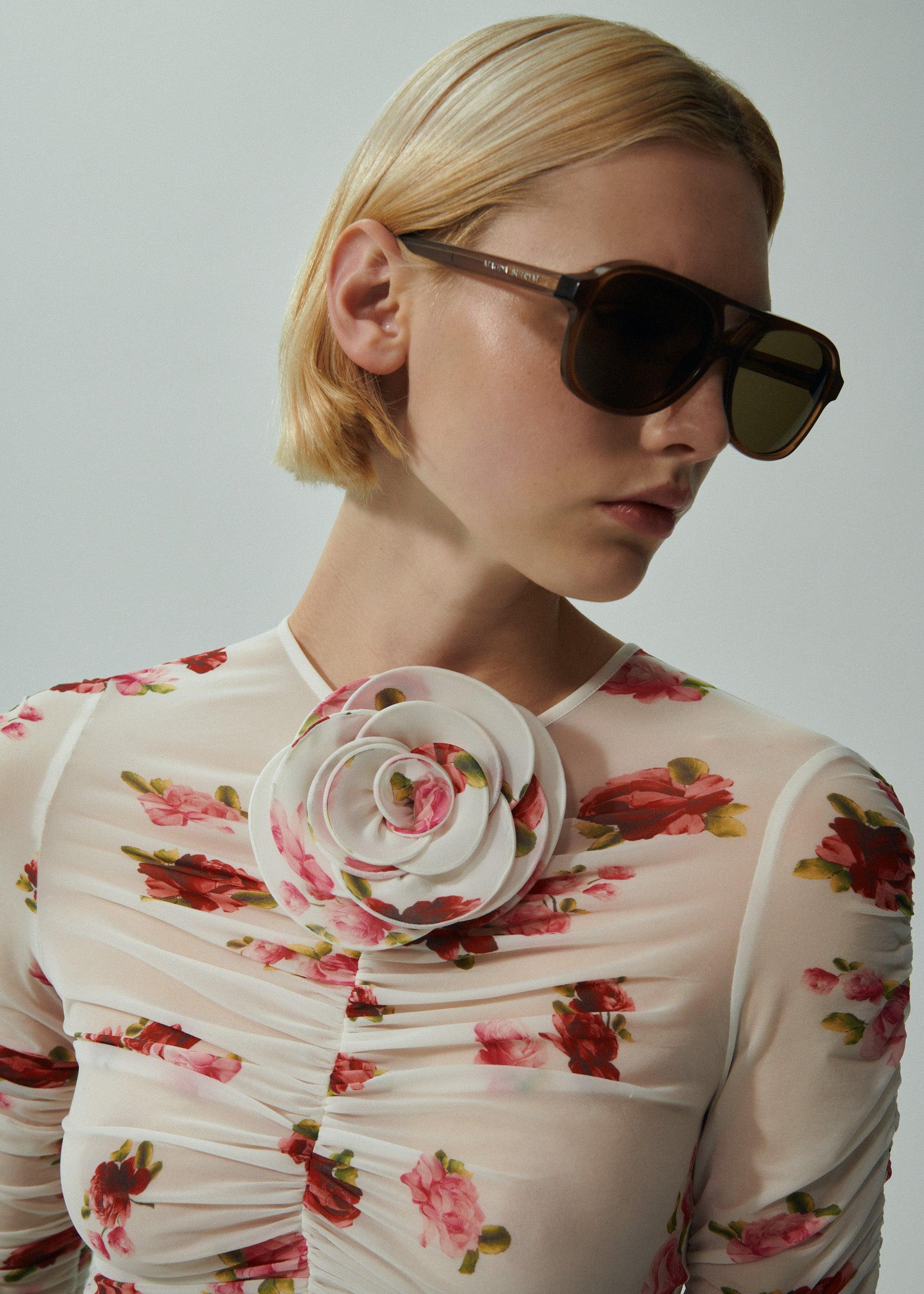 Sheer ruched rose appliqué top in cream print Product Image