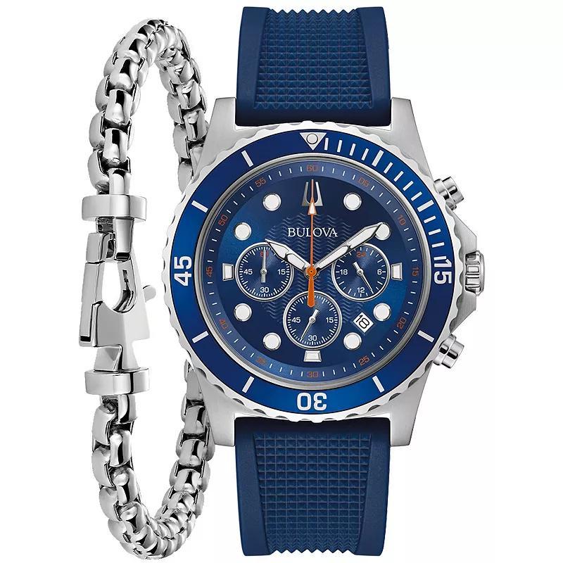 Bulova Mens Stainless Steel Chronograph Blue Dial Watch & Stainless Bracelet Box Set - 96K108 Product Image