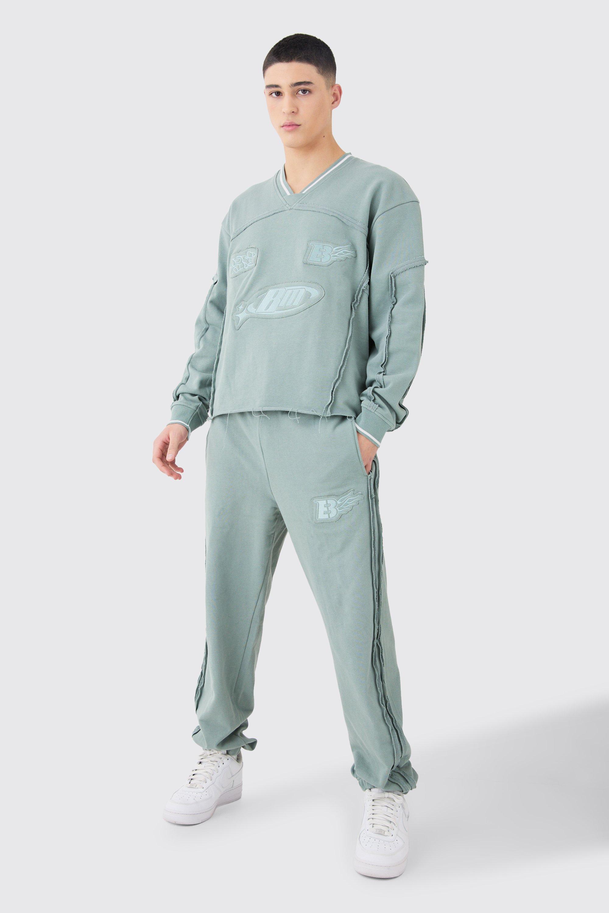 Oversized Boxy Sports Rib Sweatshirt Tracksuit | boohooMAN USA Product Image