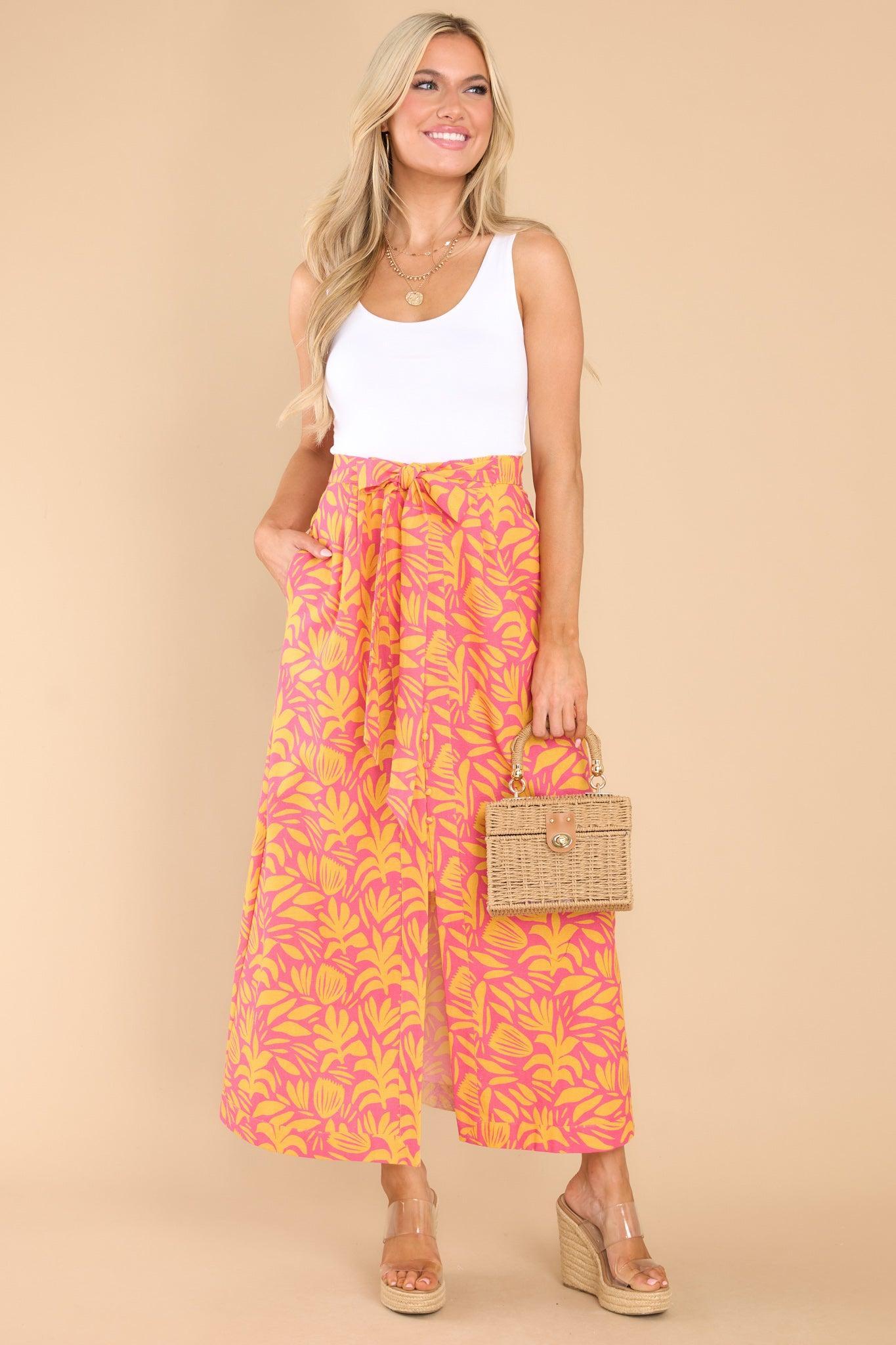 Palms Away Wild Over You Pink Yellow Print Skirt Product Image