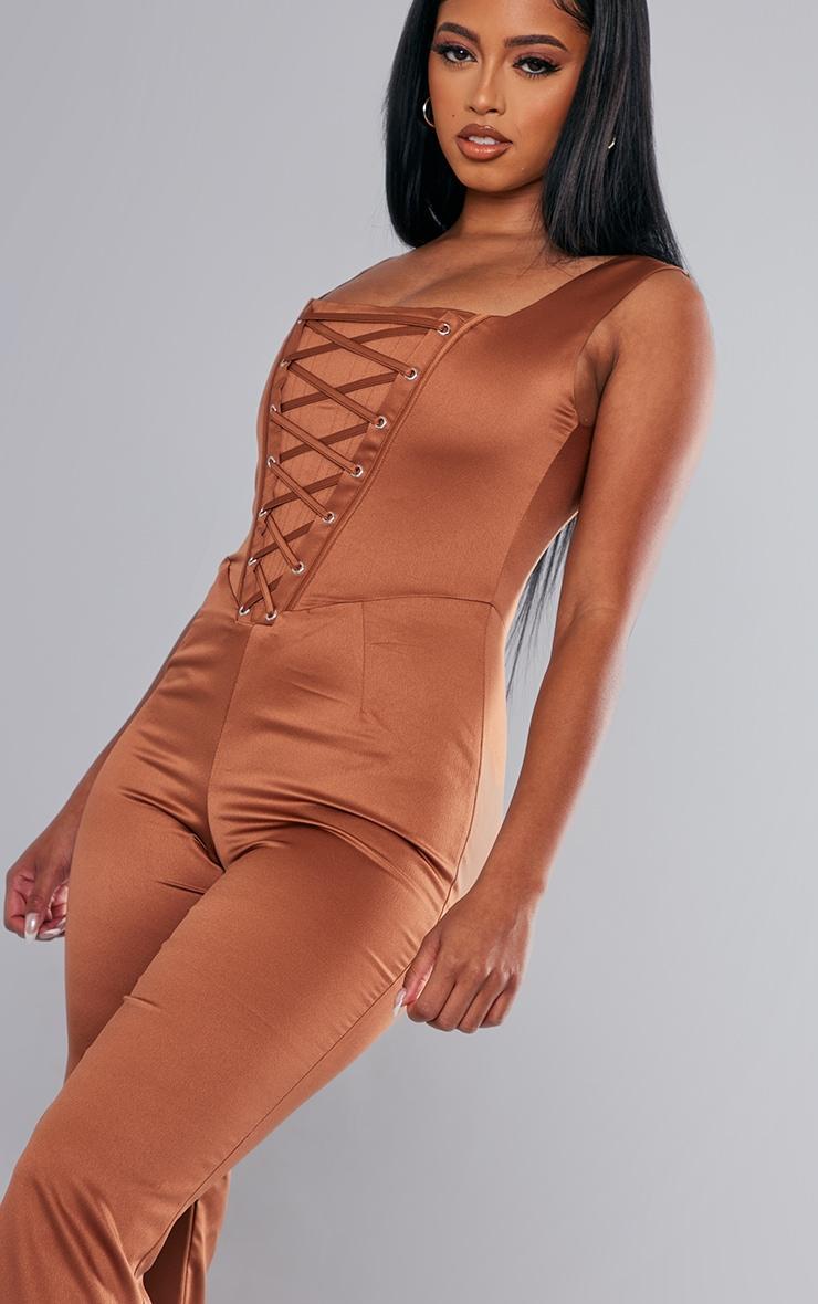 Rust Satin Lace Up Boned Strappy Wide Leg Jumpsuit Product Image