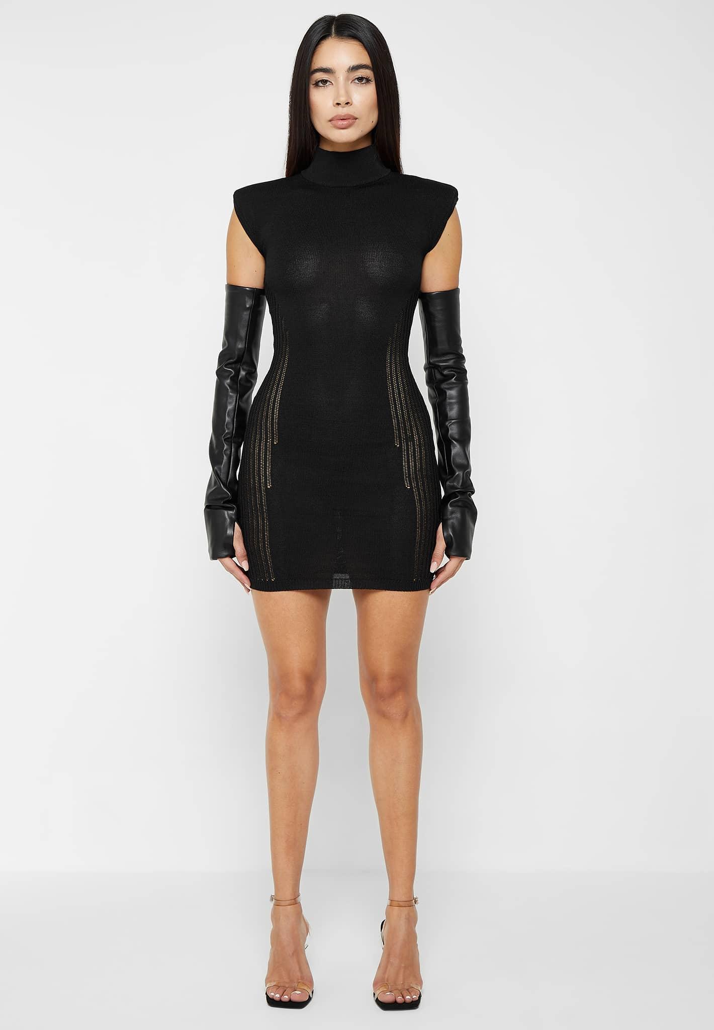 Knitted Contour Dress with Vegan Leather Sleeves - Black Female Product Image