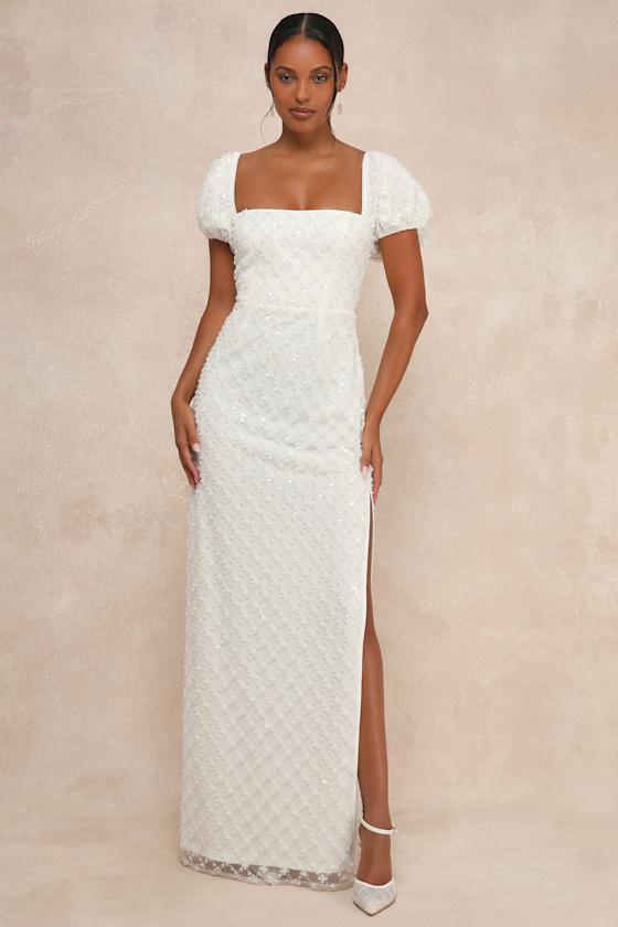 Incredible Glamour White Sequin Puff Sleeve Column Maxi Dress Product Image