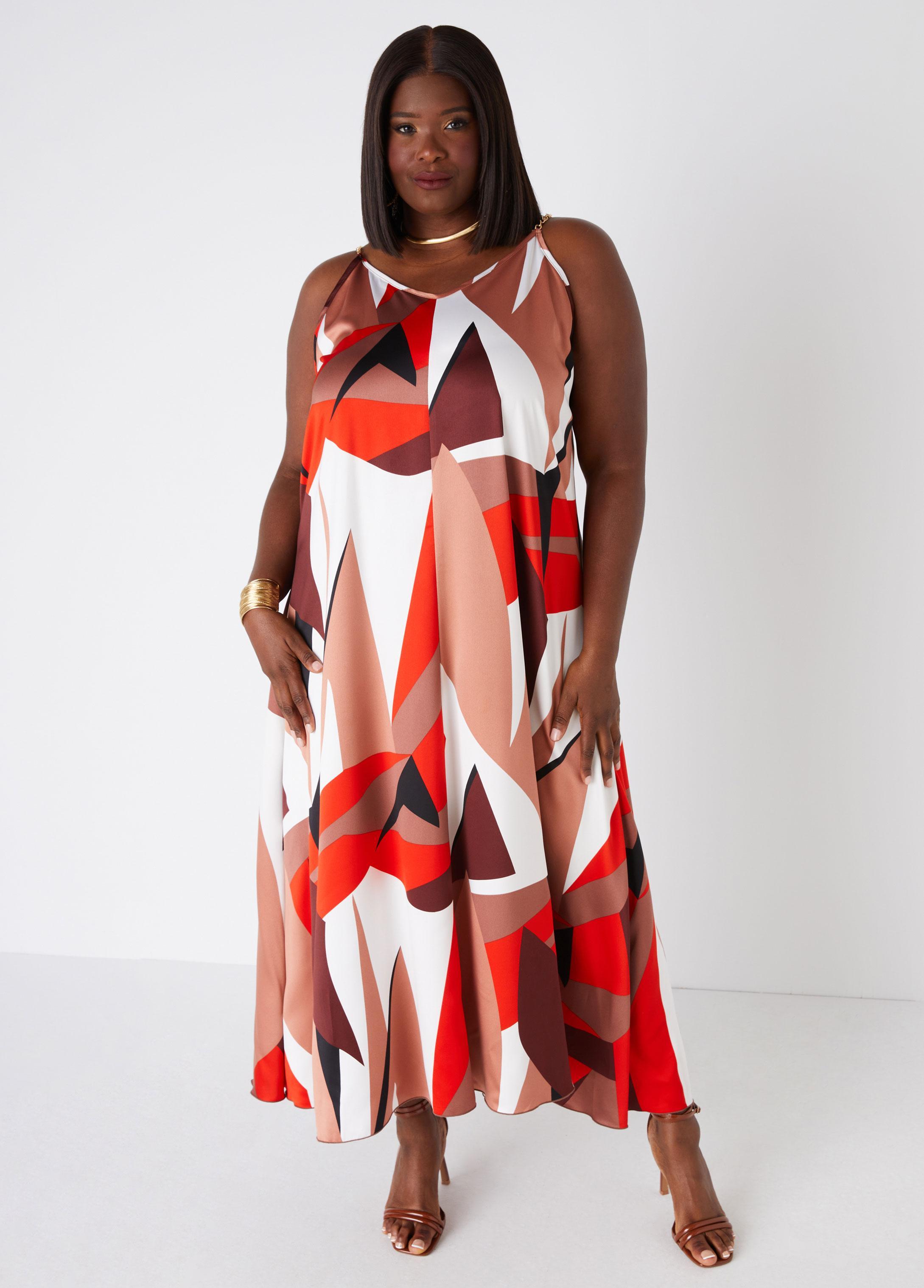 Plus Size Chain Trimmed Printed Slip Dress Ashley Stewart Product Image