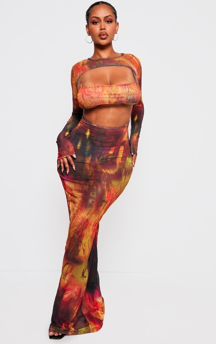 Shape Orange Printed Mesh Open Maxi Dress With Bralet Insert Product Image