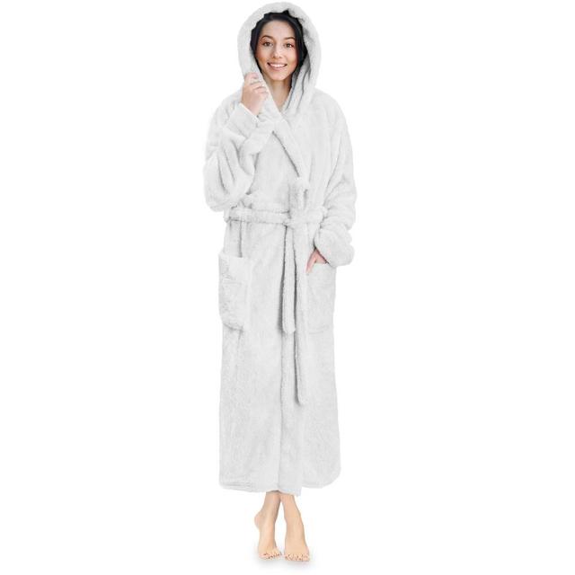 PAVILIA Women Hooded Plush Soft Robe, Fluffy Warm Fleece Faux Shearling Shaggy Bathrobe (White, Small-Medium) Product Image