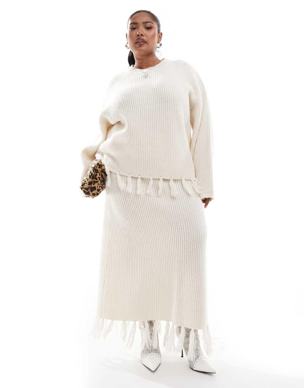 4th & Reckless Plus wool mix tassel edge wide sleeve sweater in cream - part of a set Product Image