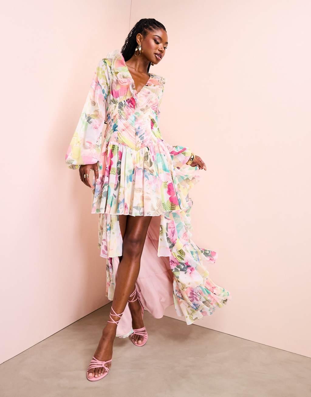 ASOS LUXE organza ruffle high low maxi dress in floral print Product Image