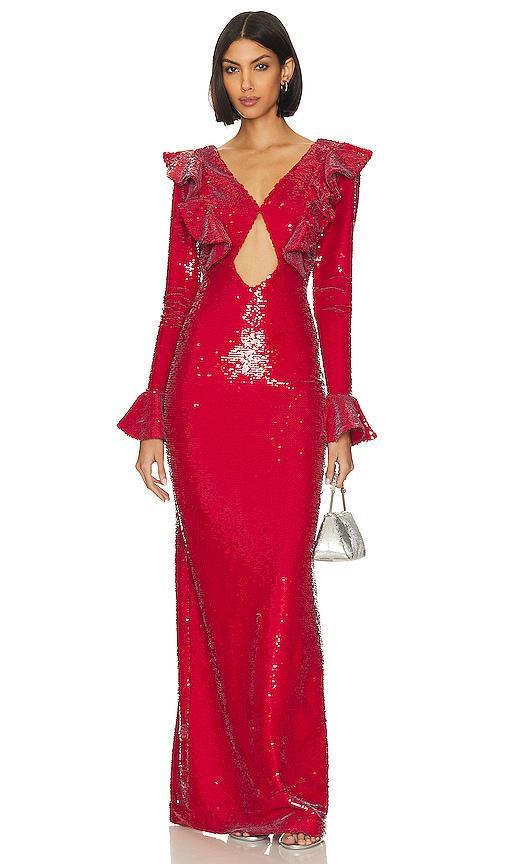 PatBO Sequin Cutout Maxi Dress in Red. Product Image