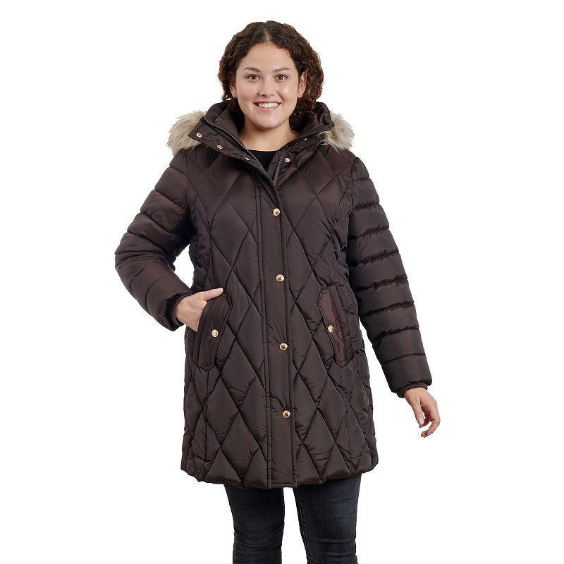 Plus Size London Fog Faux-Fur Hood Diamond Quilt Puffer Jacket, Womens Dark Brown Product Image