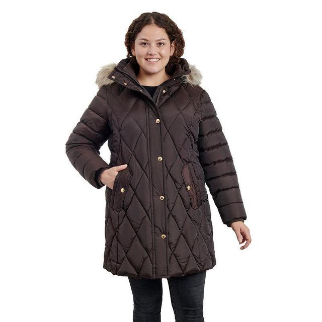 Plus Size London Fog Faux-Fur Hood Diamond Quilt Puffer Jacket, Womens Product Image