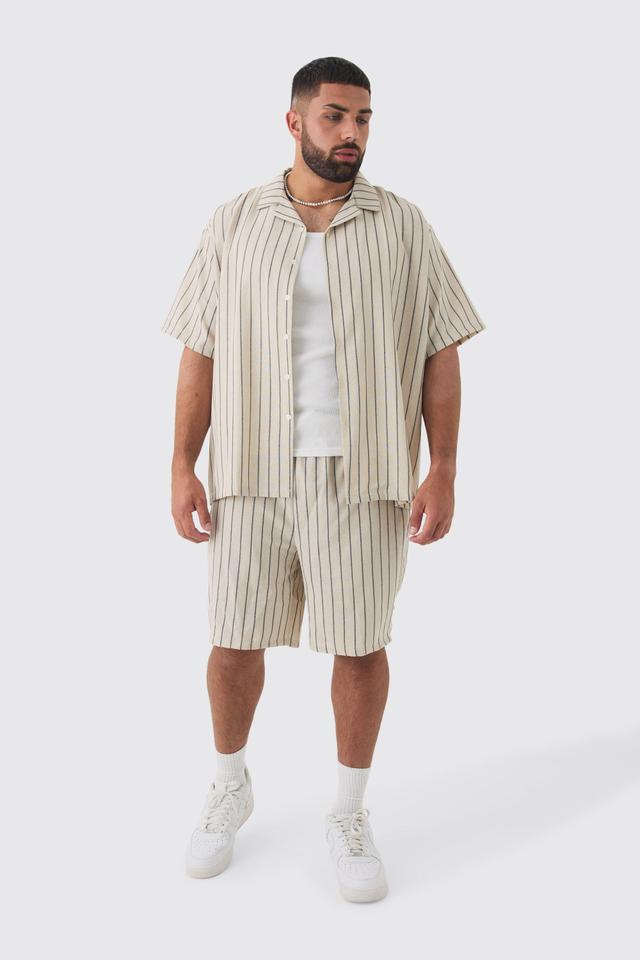 Plus Stripe Linen Revere Collar Shirt & Short Set | boohooMAN USA Product Image