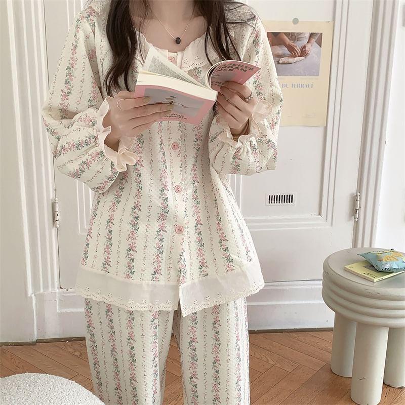 Pajama Set: Long-Sleeve Floral Print Lace Ruffle Button-Up Top + Pants Product Image