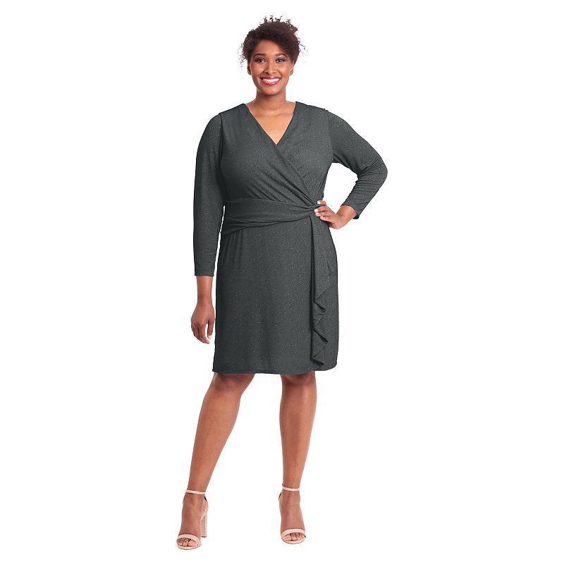 Plus Size London Times Shirred Surplice Side Flounce Long Sleeve Dress, Womens Product Image